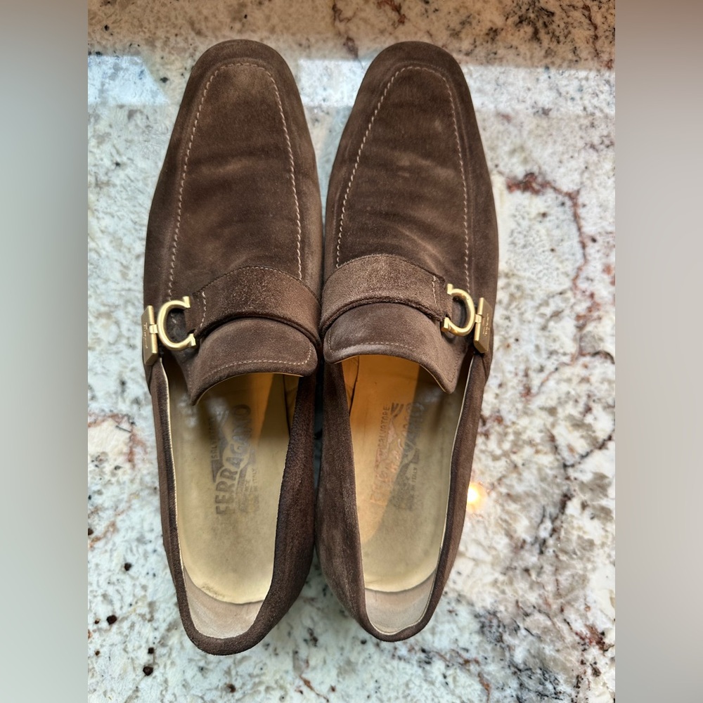 Salvatore Ferragamo Brown Suede Loafers with Gold Accent